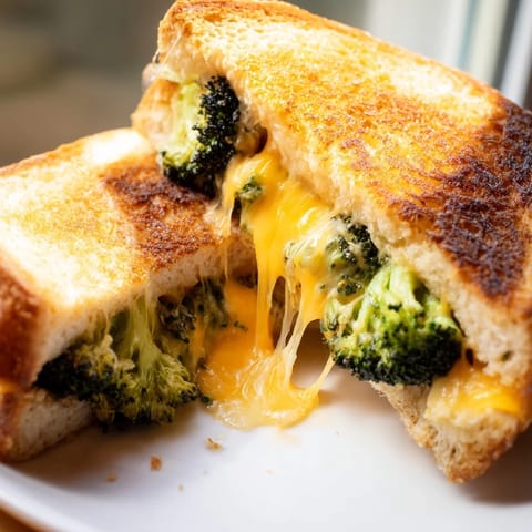 Roasted broccoli and cheddar grilled cheese on a plate, served warm beside a creamy bowl of tomato soup.