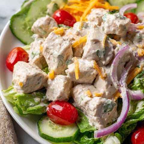 Fresh Jalapeño Ranch Chicken Salad served on a chilled plate, showcasing diced cucumber, shredded cheddar, and a zesty buttermilk ranch drizzle.