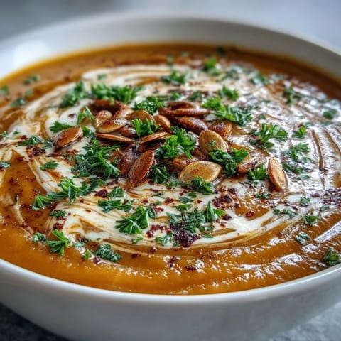 Velvety butternut squash and apple soup, bright orange, ready to be garnished.