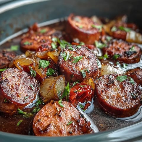 Hearty Crock Pot BBQ Cocktail Sausage Soup with tender vegetables and sliced sausages simmered in a tangy, sweet tomato-based broth. 