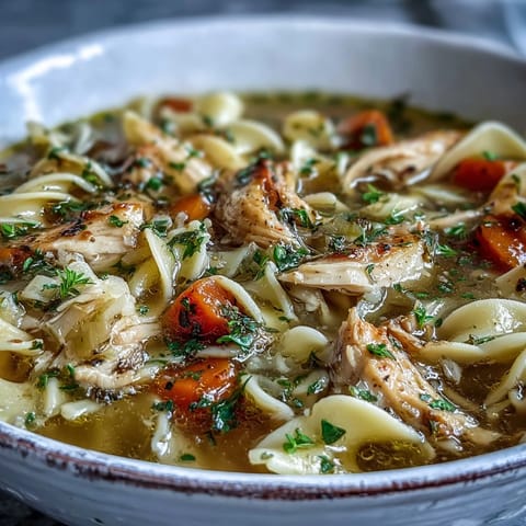 A ladle pours golden broth with carrots and celery into a cozy serving of Instant Pot Chicken Noodle Soup.