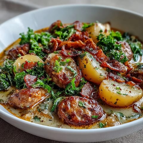 Creamy Italian Sausage Soup with kale and crispy bacon garnish in rustic bowls.
