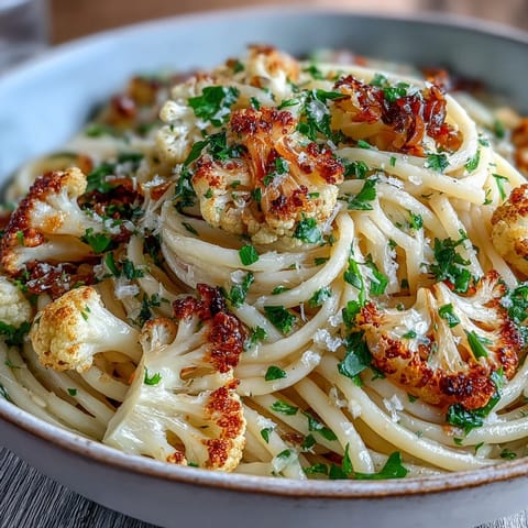 Savory anchovy and sweet raisin spaghetti with roasted cauliflower on a rustic plate, ready to serve.