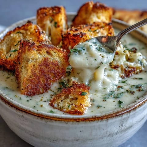 Steaming bowl of Cauliflower and Broccoli Soup topped with golden croutons and fresh herbs.
