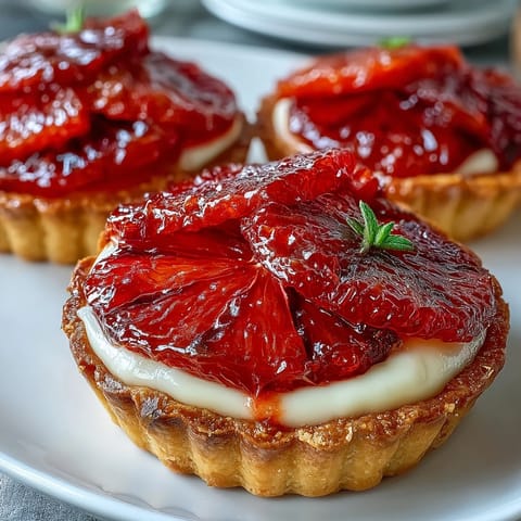 Blood Orange Tarts with silky vanilla custard and glossy orange slices on a dessert plate.