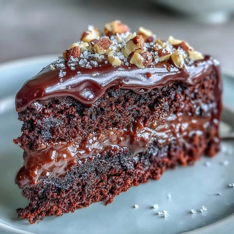 A plated slice of Chocolate Celebration Cake reveals moist crumb, glossy ganache, and crunchy hazelnut praline against a festive dessert table.