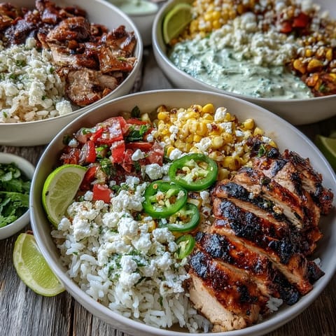 Street Corn Chicken and Rice Bowls topped with smoky charred corn, creamy white crema, and crumbled cotija cheese in a serving bowl.