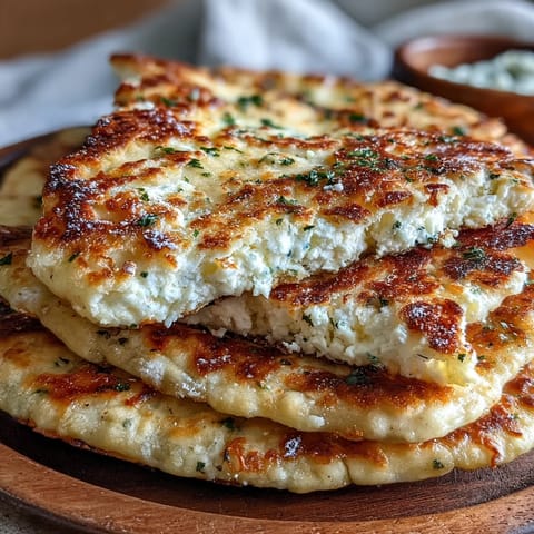 Soft Fluffy Cottage Cheese Flatbreads stacked on a plate, topped with a dollop of creamy dip and chives.