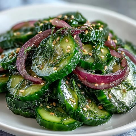 Chilled Refreshing Crunchy Cucumber Salad garnished with fresh dill and sesame seeds, served in a white ceramic bowl.