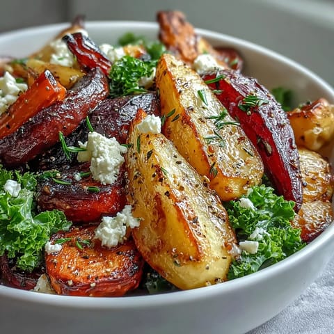 Roasted carrots, parsnips, and beets in a vibrant Winter Root Vegetable Bowl with feta and pepitas.