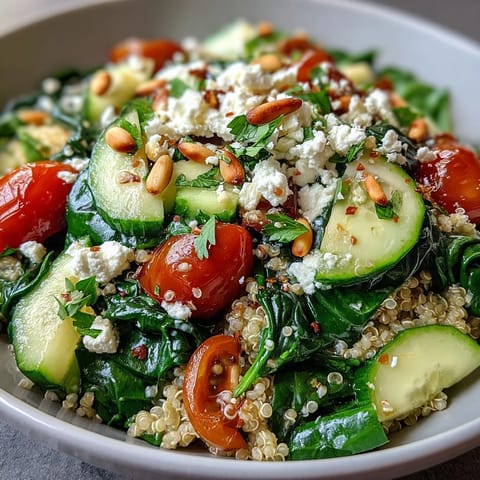 Overhead view of a fresh Spinach and Feta Grain Bowl topped with cherry tomatoes, cucumber, and a lemony dressing.