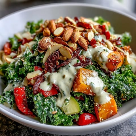 Freshly roasted sweet potato and red pepper add warmth to a vibrant Kale Salad Bowl topped with crunchy almonds.