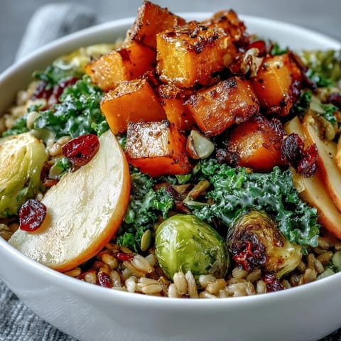 Fall Vegetable Bowl with roasted squash, Brussels sprouts, and kale topped with toasted pumpkin seeds and dried cranberries.