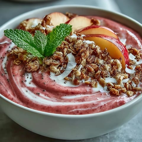 Creamy Guava and Mango Smoothie Bowl topped with crunchy granola and fresh berries for a nourishing tropical breakfast.