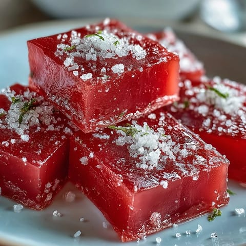 Slices of Guava Cheese confection stacked on a white plate, surrounded by fresh guava halves and a lime wedge for a tropical presentation.