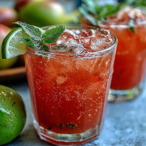 Chilled Guava Nectar Drink in a glass filled with ice cubes, garnished with a fresh lime wedge and mint leaves for a refreshing summer sip.