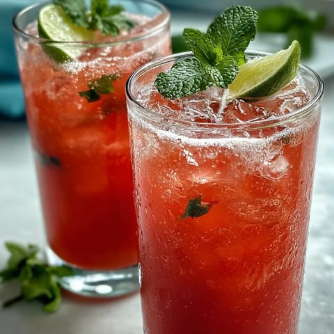 Chilled guava juice and sparkling water combined in a glass, topped with fresh lime slices to enhance the sweet and tart flavor profile.