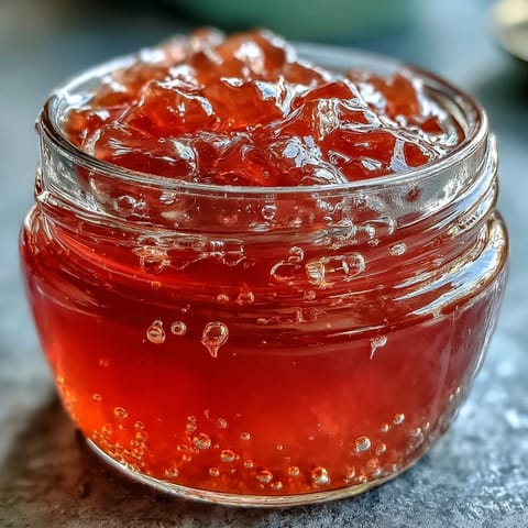 A glass jar filled with homemade guava jelly, its ruby-pink hue glowing against a slice of buttered toast.