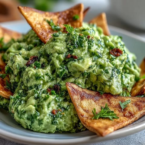 Fresh edamame guacamole with creamy avocado and cilantro served alongside crispy golden pita chips.  