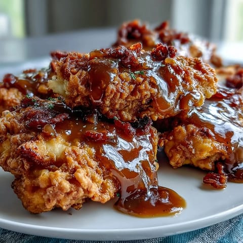 A comforting plate of Soul Food Smothered Chicken with Onion Gravy, golden chicken thighs and drumsticks simmered in rich, savory gravy.