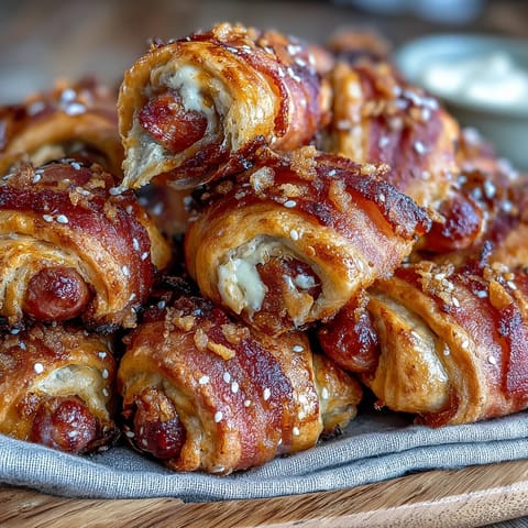 Golden brown mini sausages in flaky pastry, ready to dip in zesty Dijon and honey sauce.  