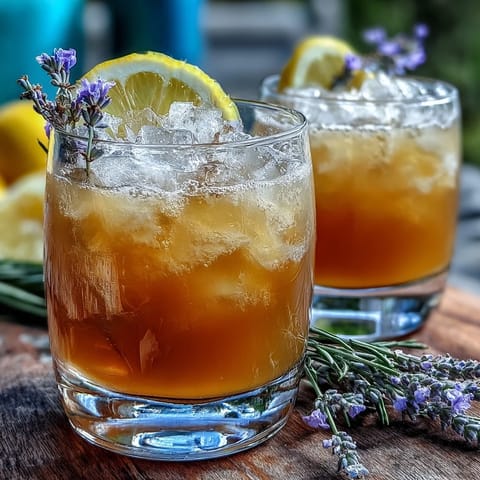 A sparkling lavender lemonade spritz with lemon slices and fresh lavender, perfect for summer gatherings.