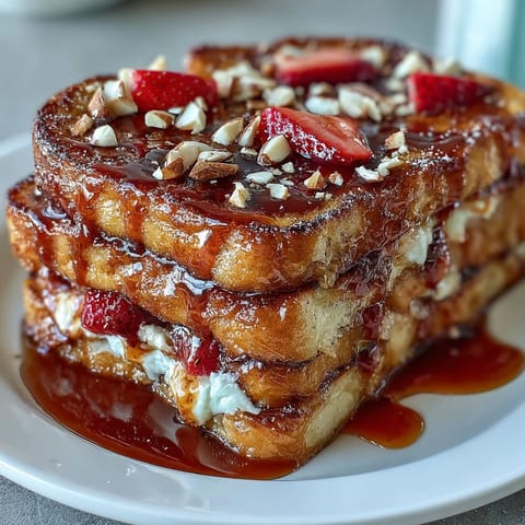 Vibrant Spring Brunch Strawberry French Toast Bake with golden brioche, juicy berries, and crunchy almonds, perfect for sharing.  