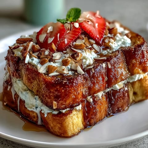 Fluffy Strawberry French Toast Bake topped with sliced almonds and turbinado sugar, baked to golden perfection for a sweet brunch.  