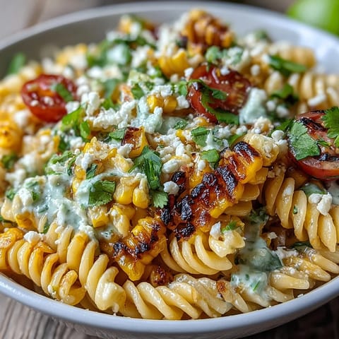 Vibrant Elote Pasta Salad with creamy Cotija, chili, and lime, featuring charred corn and fresh cilantro in a zesty dressing.  