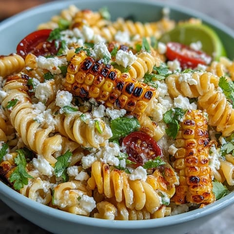 Colorful Mexican-inspired pasta salad with Cotija cheese, sweet corn, and a tangy lime-chili dressing, perfect for summer gatherings.  