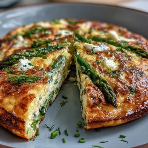 Spring Frittata with Asparagus, Peas and Goat Cheese: golden baked eggs with vibrant spring vegetables and creamy goat cheese, perfect for brunch.