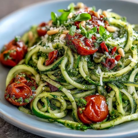 Zucchini Noodles with Pesto and Cherry Tomatoes in a skillet with vibrant green basil pesto and juicy red cherry tomatoes.