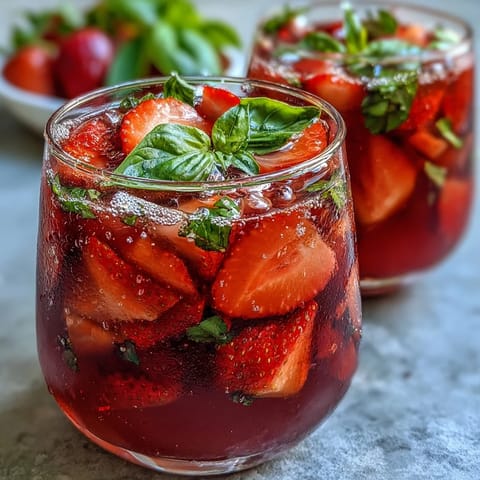 Strawberry Basil Sangria Mocktail served over ice with basil leaves and sliced fruit, perfect for a refreshing summer party drink.
