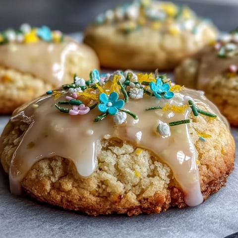 Vibrant lemon sugar cookies with pastel glaze, decorated with soft spring colors and delicate icing swirls.