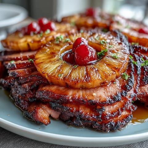 2. A golden ham glazed with honey and brown sugar, studded with pineapple and maraschino cherries.  