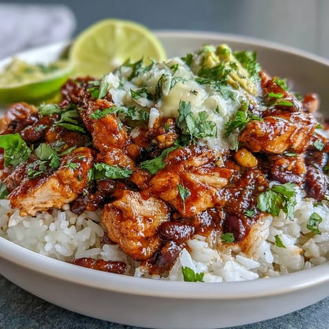 Slow-cooked Salsa Chicken Bowls served over rice with black beans, corn, and creamy avocado for a flavorful dinner.  