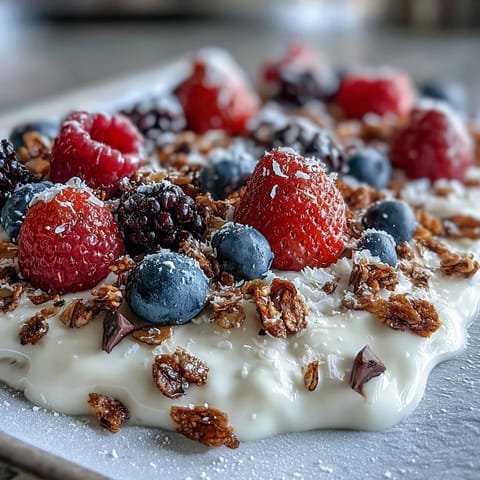 Frozen Yogurt Bark with Berries and Granola: colorful layers of tangy Greek yogurt, juicy berries, and crispy granola, ideal for healthy snacking.