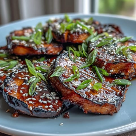 Rich and tender miso-glazed eggplant with a glossy finish, served warm and garnished with sesame seeds and green onions.