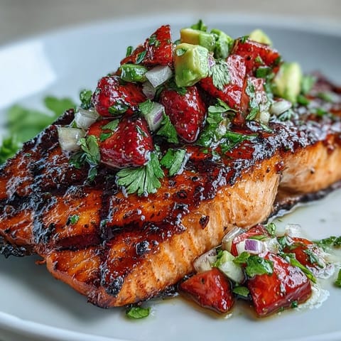 Grilled salmon with strawberry avocado salsa served on a white plate, garnished with fresh cilantro and lime wedges for a vibrant summer dinner.