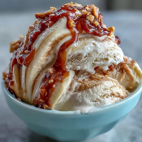 Creamy peanut butter banana ice cream in a bowl, topped with sliced bananas and a drizzle of maple syrup.