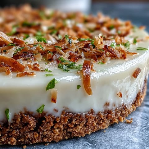 A creamy coconut lime tart with zesty lime filling in a golden graham cracker crust, topped with whipped cream and toasted coconut.