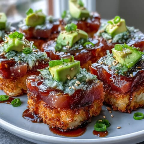 A vibrant plate of crispy rice salad topped with creamy avocado slices and spicy tuna, garnished with sesame seeds and fresh herbs.  