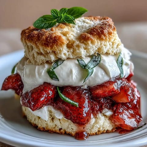 Strawberry Basil Shortcake Biscuits with juicy strawberries and fresh basil, served with whipped cream and a hint of citrus.