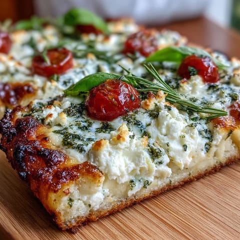 Viral cottage cheese flatbread topped with fresh basil pesto and juicy cherry tomatoes for a protein-packed meal.