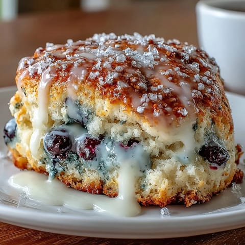 Golden lemon blueberry scones with fresh blueberries and a glossy lemon glaze, perfect for a cozy breakfast or brunch treat.