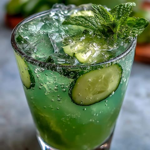 Bright Sparkling Cucumber Mint Lemonade Mocktail with fresh mint and lemon slices on ice.