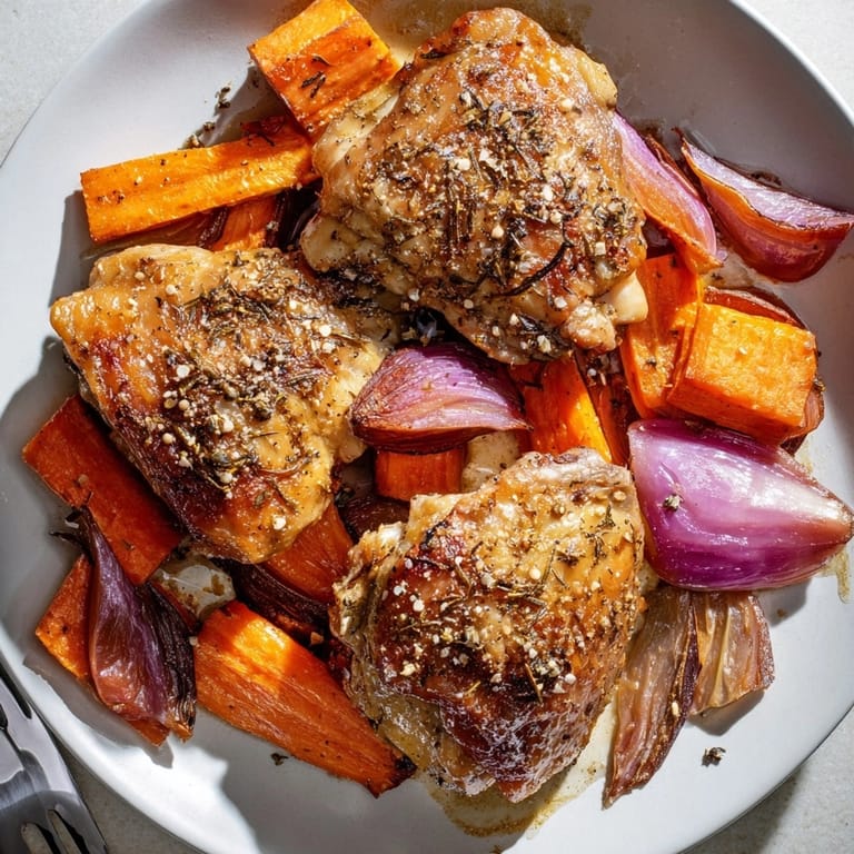 Savory Honey-Glazed Chicken recipe: sweet, sticky glaze atop juicy chicken amidst colorful root vegetables.