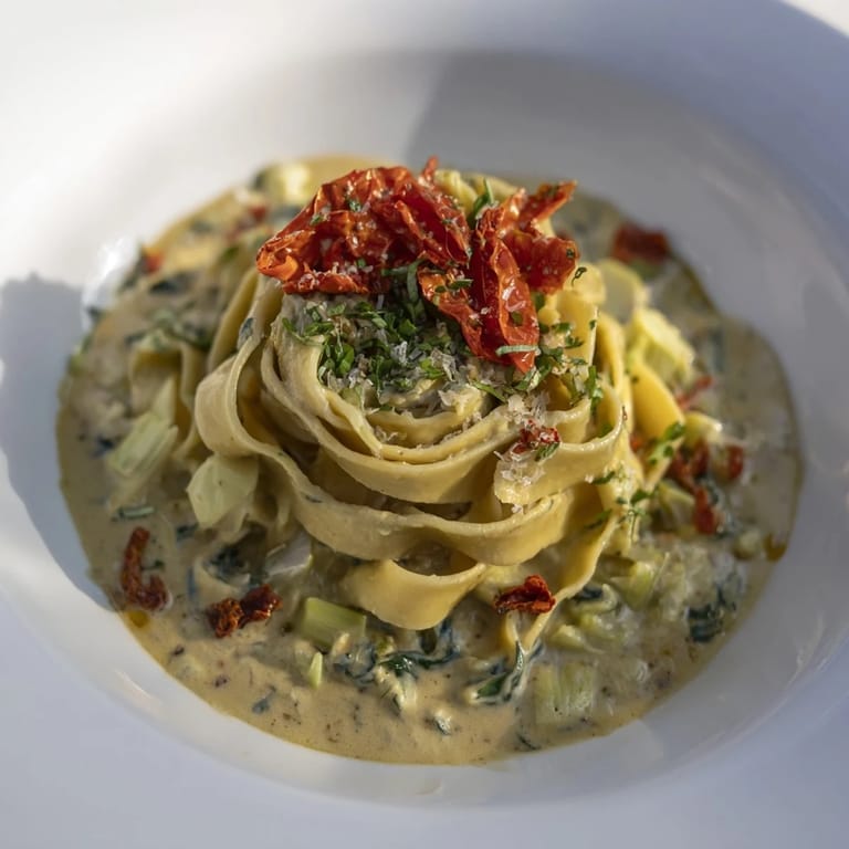 A close-up of a bowl filled with One-Pot Creamy Tuscan Garlic Herb Pasta, showcasing creamy texture and vibrant tomatoes.