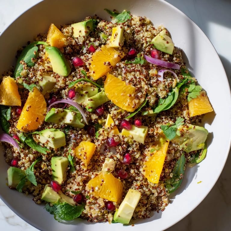 Vibrant Fresh Citrus & Avocado Quinoa Bowl, full of textures and bright colors, enticing for a fresh, healthy meal.