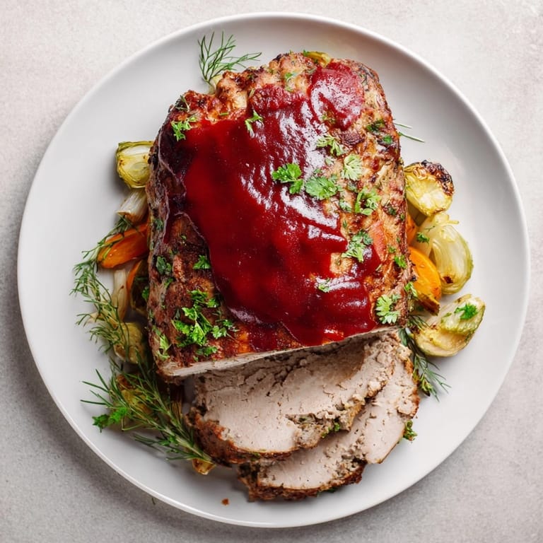 This hearty Everyday Herb-Sprigged Turkey Meatloaf displays a golden crust and enticing aroma, perfect comfort food.